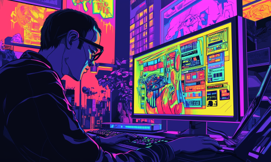 Synthwave purple and orange and yellow neon hued image of masculine designer with close cropped dark hair and glasses looking at computer monitor with colorful pop artwork on it