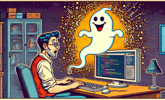 comic book style pointillism image of a startled programmer watching a happy ghost emerge from a computer screen