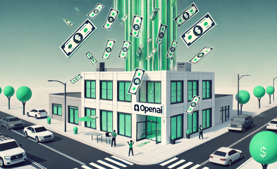 Money shoots out of an OpenAI office in green hued image