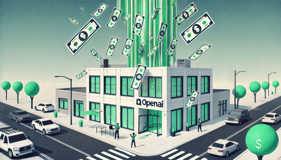 Money shoots out of an OpenAI office in green hued image