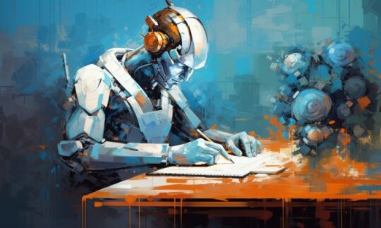 A robot fills out a form in an impressionist style digital artwork.