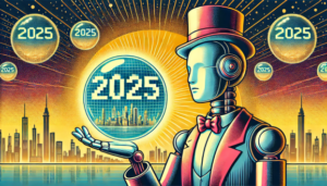 A robot wearing top hat and tuxedo with bow tie gazes at a crystal ball reading 2025.